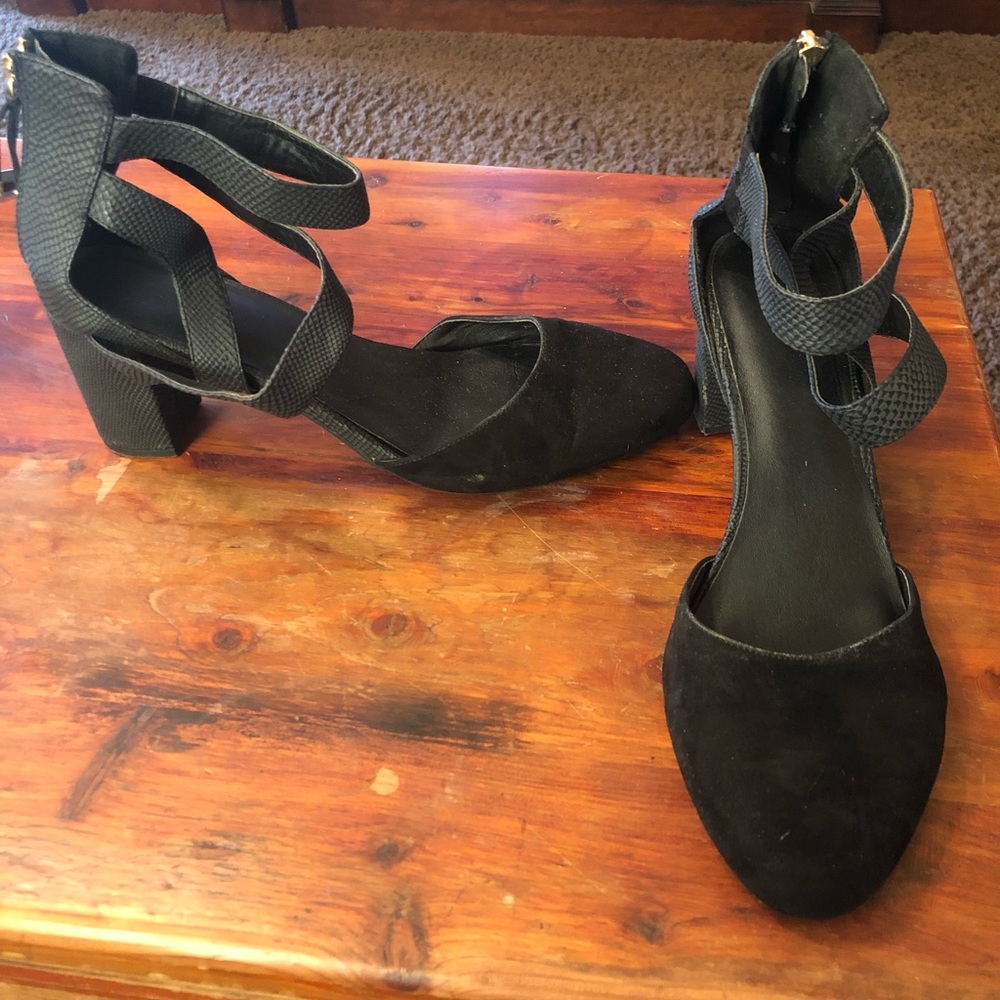 black strapped heels